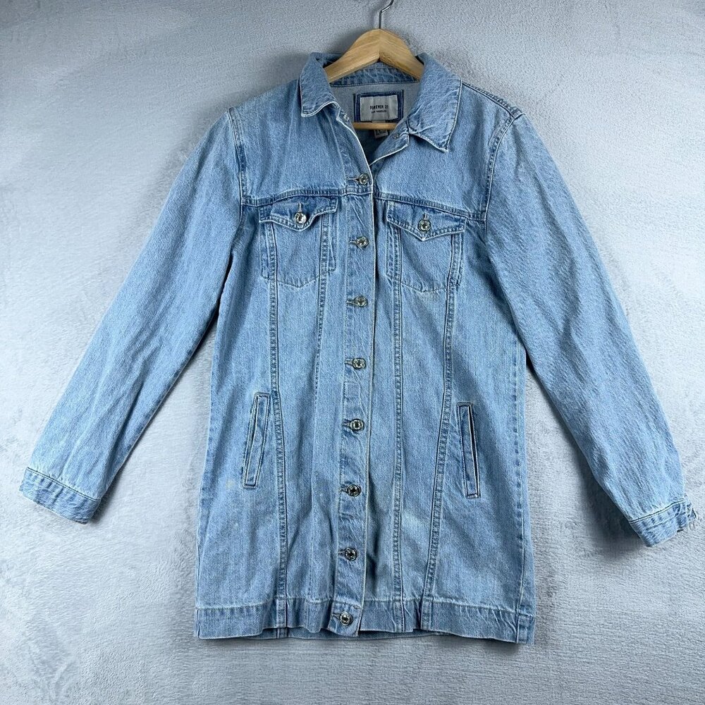 Forever 21 Long Coat Denim Jacket Womens Size Medium Long Sleeve Pockets Blue